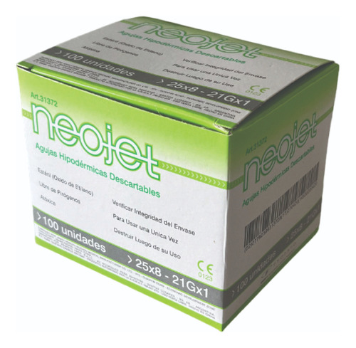 Aguja Hipodérmica Estéril 21 Gx1 25/8 X 100u Neojet 25 Ml