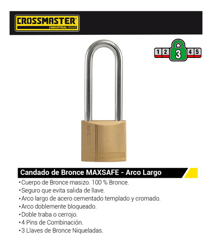 Imagen 2 de 4 de Candado De Bronce Arco Largo 40mm Crossmaster 9933126