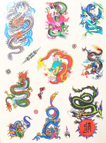 Kit Com 60 Tatuagens Temporárias Dragões Coloridos Tattoo N2