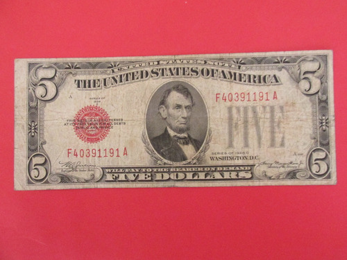 Antiguo Billete 5 Dolares Estados Unidos Año 1928 Escaso 