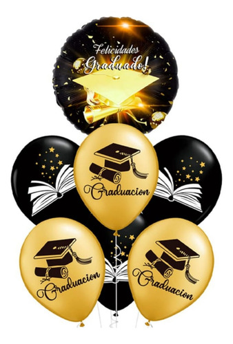 Set 7 Globos Decoración Graduación Dorado Negro 