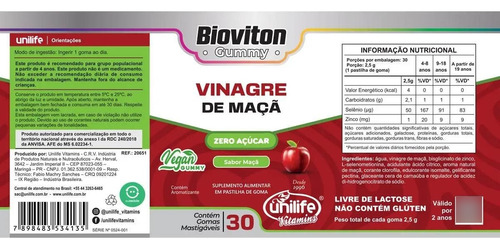 Kit 5 Vinagre De Maçã 30 Gomas Zero Açúcar Unilife Bioviton