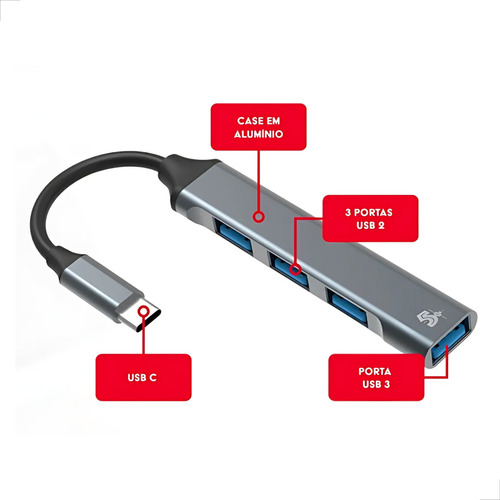 5+ DSH-01 Hub Adaptador Tipo C 4 Portas Usb 3.0 Gris 018-7457 Pix