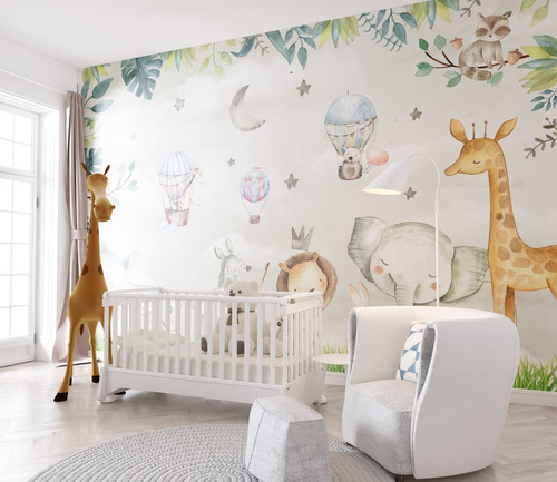 Imagem 5 de 7 de Papel De Parede Adesivo Quarto Bebê Safari Balões Wt-05 M²