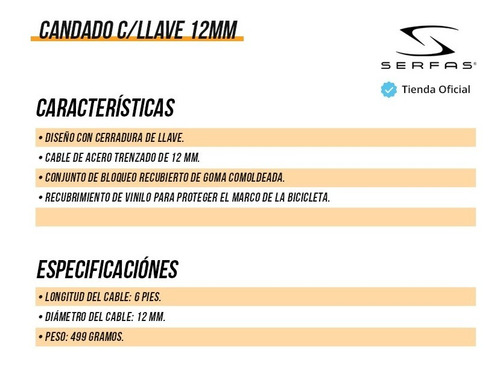 Imagen 2 de 4 de Candado Serfas Con Llave 12mm