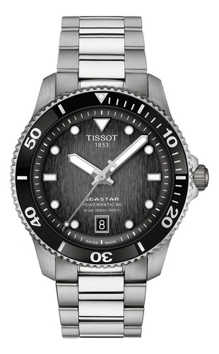 Reloj Tissot T1208071105100 Seastar Automatico Agte Malla Plateado Bisel Negro Fondo Negro Y Gris
