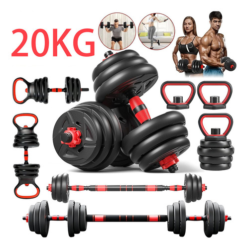 Kit De Pesas Set Mancuernas Ajustable 20kg Barra Rusa Kettlebell Ejercicio Completo Color Negro