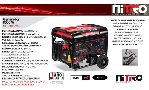 Nitro-g8500e Generador Portátil 8,500w,110-220v, 16hp Marcha
