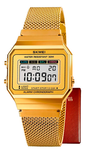 Relógio Skmei Digital Quadrado Dourado Pulseira Mesh 1660 + Cor do fundo Claro