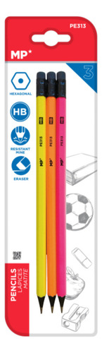 4 Pack De 3u Lapices Con Goma Fluorescente Mexico Paper Trazo Gris