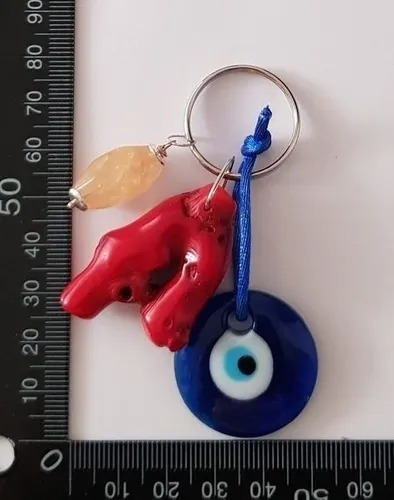 Llavero Dije Amuleto Proteción Coral Rojo/citrino/ojo Turco Azul