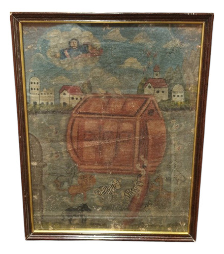 Óleo Sobre Tela Arte Cuzqueño, Tema Arca De Noe 22cm X 28cm (Usado)