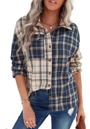 Camisa De Manga Larga Con Solapas A Cuadros For Mujer