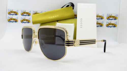 Lentes De Sol Gucci Gg0585s 001 59mm Shiny Gold/black/grey Iconic Square Made In Japan Gafas Hombre Mujer Unisex