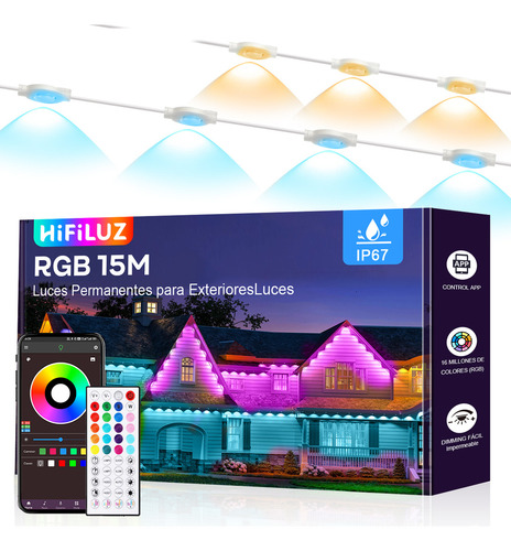 Hifiluz Luces Permanentes Para Exteriores Rgb Led 15m Ip67 App Control Bajo La Iluminación Del Alero Para El Hogar, Fiesta, Navidad, Decoraciones Al Aire Libre, Vacaciones.