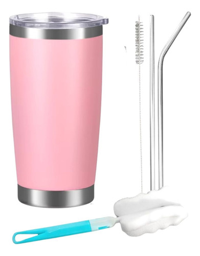 Vaso Termico 20oz Acero Inoxidable Con Tapa Y Popote Rosa Lisa