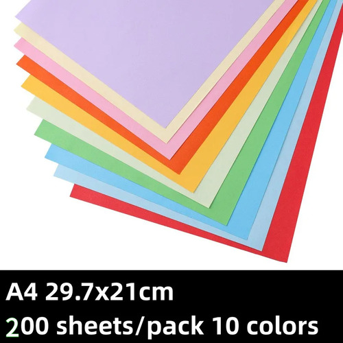 200 Folhas Papel Colorido A4, 10 Cores Diferentes