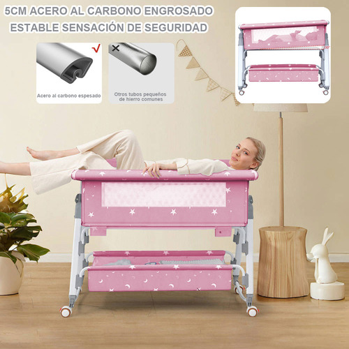 Cuna Plegable Portátil Mosquitero Bebe Colchon Niños, Cama Altura Regulable Mosquitero Abatible,Colecho Cuna Multifuncional, Corral Con Colchón Mosquitera Color Rosa