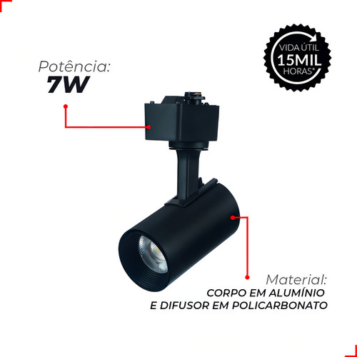 Spot Trilho Led Authentic Evo Preto 7w 6500k Branco Frio 127/220v Iluminação para Trilho Deluxe by Avan