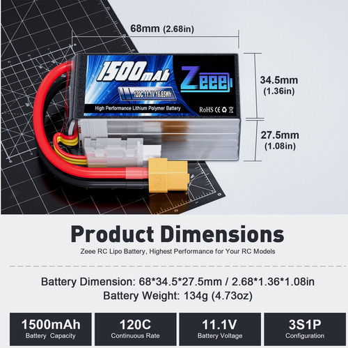 Bateria Zeee 11.1v 120c 3s Lipo 1500mah Xt60 Rc Avion Carro