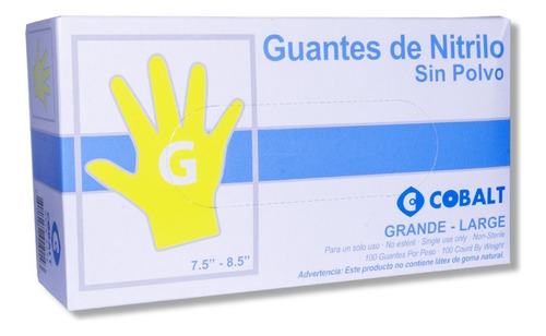 Guante Grande Nitrilo Sin Polvo 1 Caja/100 Pzas Color Azul Con polvo No Talla G Unidades por envase 100