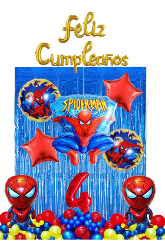 Globos Spiderman + Cortina Metalizada + Numero Metalizado 