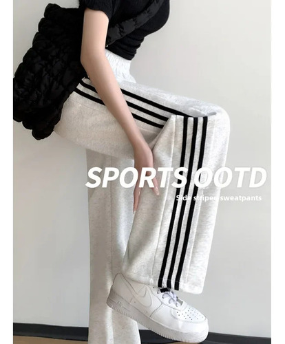 Pantalones Deportivos Anchos A Rayas Grises For Mujer, Pant