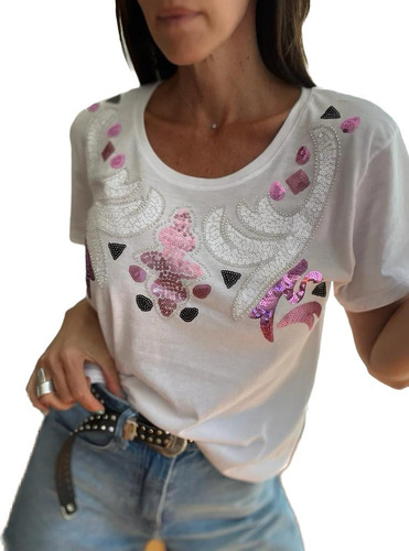 Remera Bordada Lentejuelas Mujer -tg Delantera Fantasía Pink