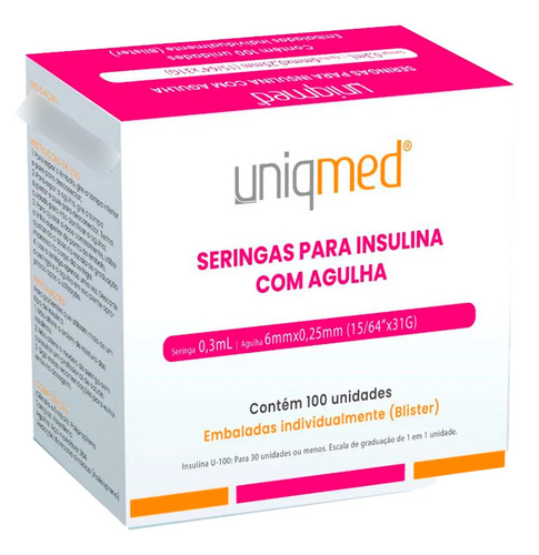 Seringa De Insulina 0,3ml C/agulha Fixa 6mmx0,25mm 31g