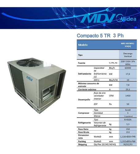 Aire Compacto Mdv Midea 5 Toneladas Tr 208v 3ph R410