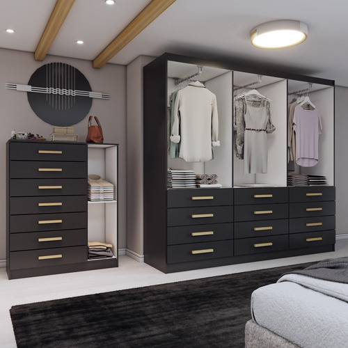 Quarto Completo Casal Catedral 7 Portas 19 Gavetas Preto