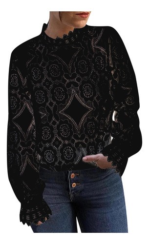 Blusa Transparente De Encaje Con Cuello Alto Y Manga Larga P