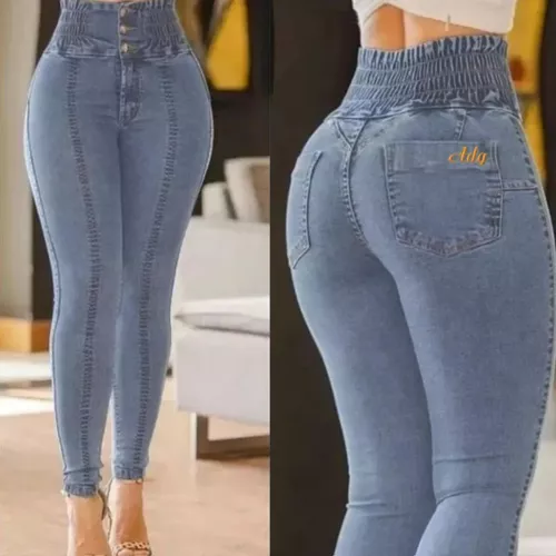 Calça Jeans Cós Alto Strech Elastico Na Cintura