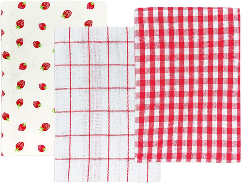 100% Cotton Kitchen Dish Towels (set Of 3), Red Strawberries