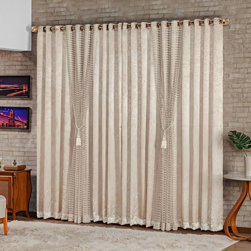 Cortina Quarto Sala Onix 3,00 X 2,50 Xale Renda Telada Forro Cor Bronze