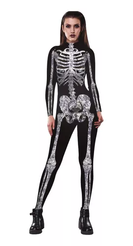 Mono de calavera para mujer, disfraz de Halloween, manga larga, cuello  redondo, esqueleto para juego de rol, ropa de fiesta