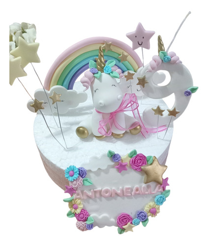 Unicornio  Porcelana Fría  Adorno De Torta Cartel Y Arcoíris