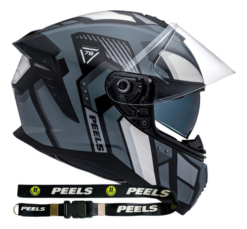Capacete Peels Premium Com Oculos Solar Interno Mach-5 Quantum Grafite Brilho Branco Tamanho Capacete 58