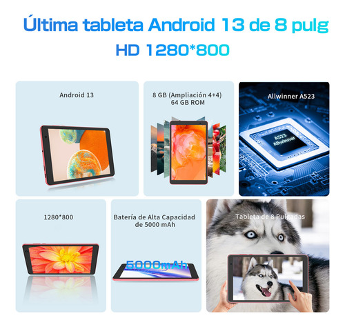 Tableta Pritom 8'' Android 13 Octacore Rosa 8gb Ram 64gb Rom