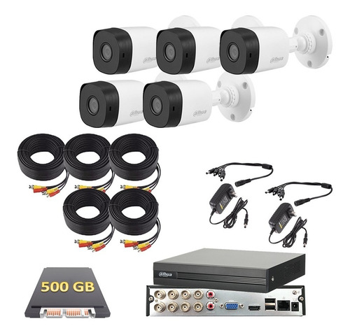 Imagen 1 de 6 de Kit Video Vigilancia 5 Cámaras Fhd 1080p Dahua Cctv 500 Gb