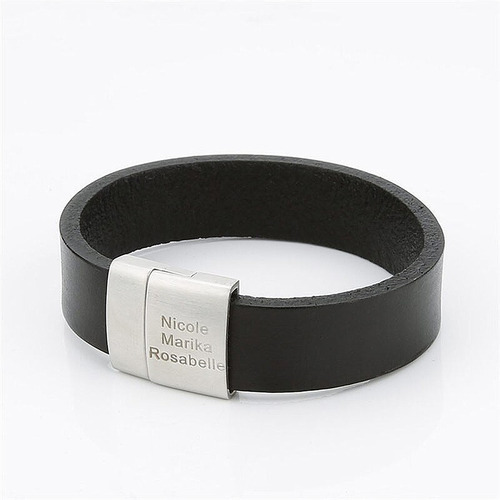 Imagen 5 de 10 de Pulsera Acero Y Piel Broche Magnético Grabado Láser M1105