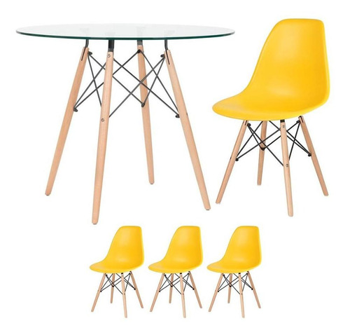 Kit Mesa Eames Wood 90 Cm Tampo Vidro E 3 Cadeiras Dsw Tampa Amarelo