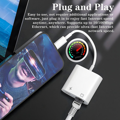 Adaptador Lightning A Ethernet Para Apple iPhone Y iPad, 2 En 1 Rj45 Ethernet Lan Adaptador Rj45 Con Puerto De Carga Soporta 100 Mbps De Alta Velocidad, Adaptador De Internet Con Cable Ligero Plug