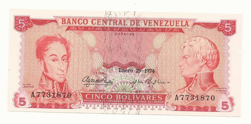  Cinco 5 Bolivares Enero 29 1974 A7 Unc 