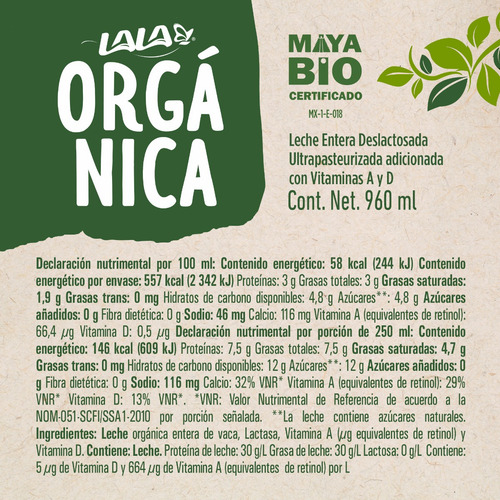Uht Lala Orgánica Desl 960ml Ue. Pack 12 Pza De 960 Ml