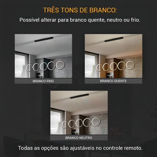 Lustre Moderno Led Luminária C/ Dimmer 100cm Preto Círculos 110V/220V