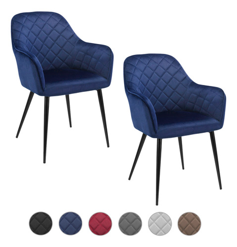 Set 2 Sillas Comedor Tapizadas Terciopelo Patas Negras Estructura De La Silla Negro Asiento Azul Marino Diseño De La Tela Rombos