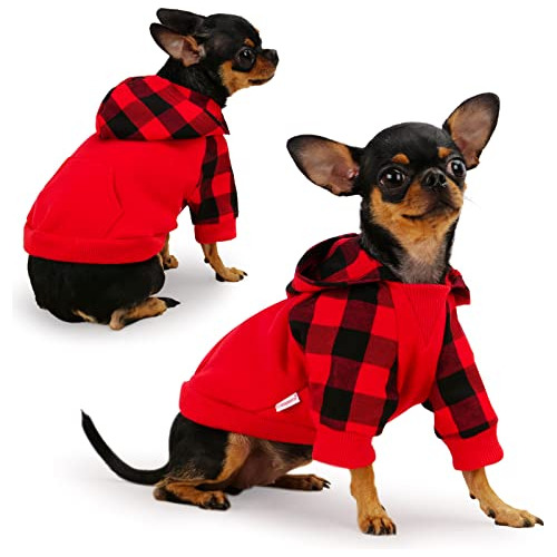 Ropa Perro Pequeño Con Capucha Diseño Rojo Y Cuadro Talle Xs