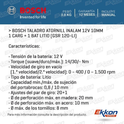 Imagen 2 de 7 de Taladro Inalámbrico 10mm Bosch Gsr 120-li + Bat + Carg