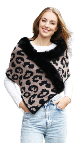 Poncho Estampado Con Cuello De Peluche Ev557